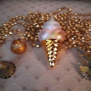 Ice Cream Cone, Angel, Humming Bird, Bell Ornaments & 18' Gold Faceted Garland